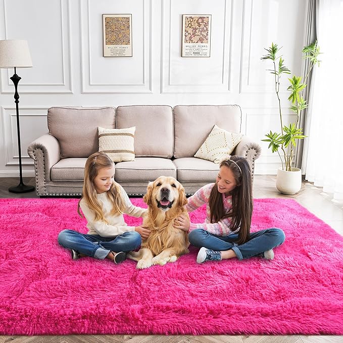 Fluffy Area Rug for Living Room 8x10 Feet, Hot Pink Shaggy Rugs for Bedroom 8x10 Area Rugs Non Slip Clearance