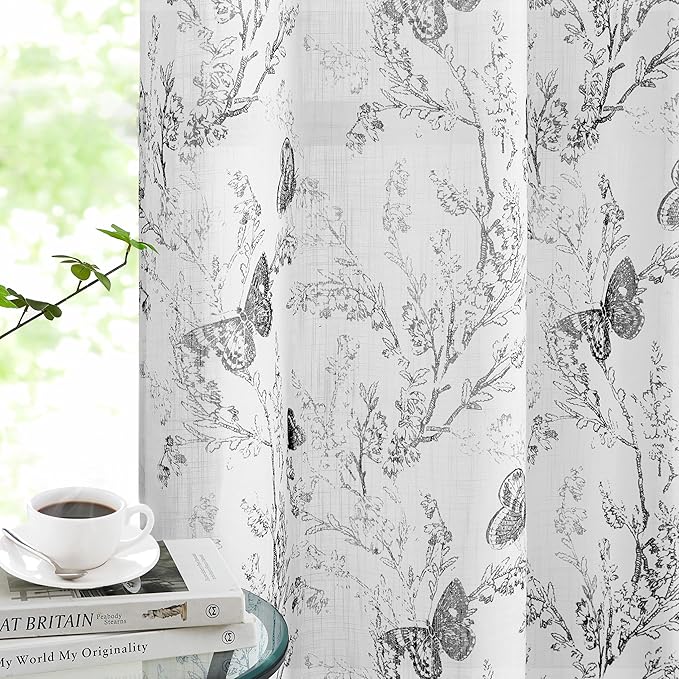 Jubilantex Butterfly Leaf Semi Sheer Curtains 84" L Curtain Panels for Kids Bedroom,Black Print on White Light Filtering Window Drapes,Grommet Top