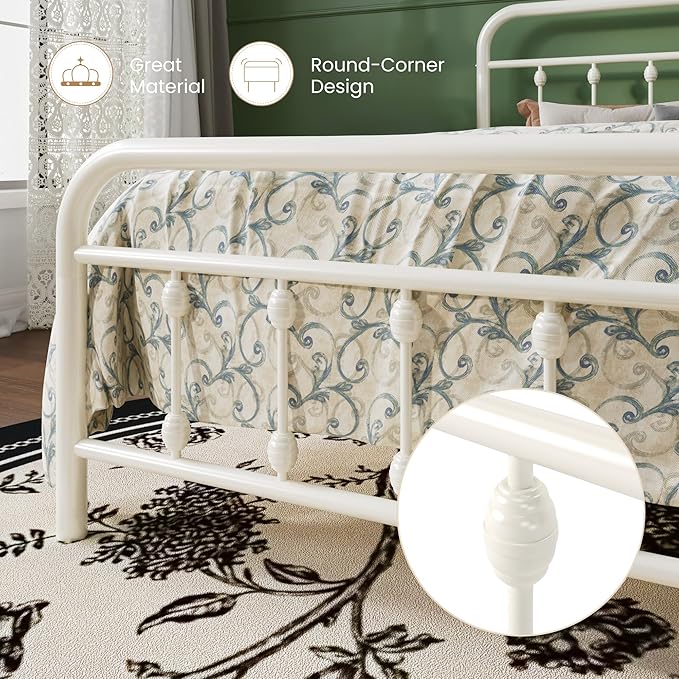 SHA CERLIN Full Size Metal Platform Bed Frame with Victorian Style Iron-Art Headboard and Footboard, Easy Assembly, Under Bed Storage, No Box Spring Required, White