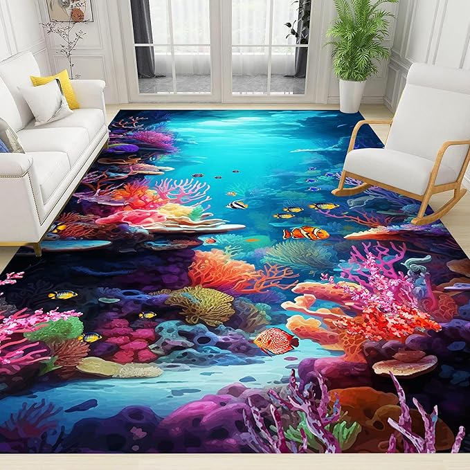Under The Sea Area Rug, 8x10ft, Underwater World Coral Carpets for Bedroom, Marine Animal Tropical Fish Non-Slip Carpet, Low Pile Thin Absorbent Machine Washable Rugs for Living Room