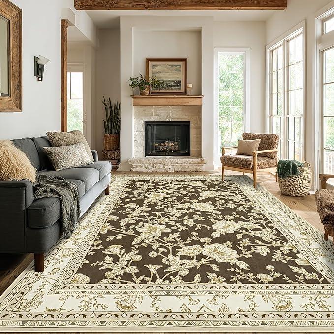 Brown Floral Print Area Rugs for Bedroom Living Room Boho Farmhouse Country Rustic Dining Room Carpet Soft Washable Rugs Non Slip Floor Covering for Nursery Playroom 5x8