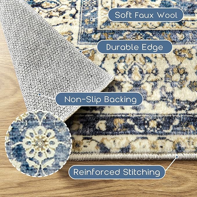 Blue Area Rugs Washable Rug for Living Room Bedroom, Faux Wool Soft No Slip Floral Boho Vintage Extra Large Carpet for Dining Room 9x12
