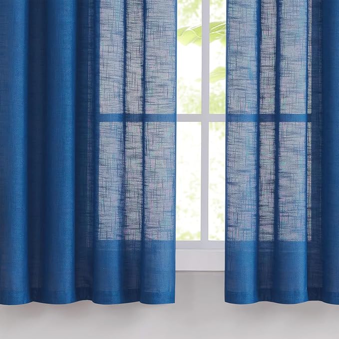 FMFUNCTEX Linen Semi Sheer Navy Blue Curtains for Bedroom Living Room, Blue Curtain Panels 84 Inches Long Sheer Linen Textured Window Drapes Farmhouse Light Filtering 2 Panels Rod Pocket