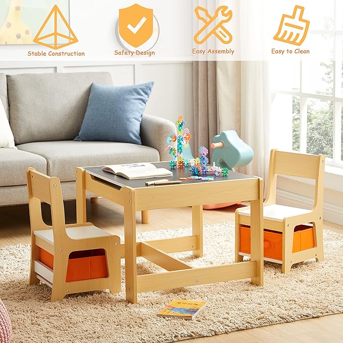 Kids Table and Chair Set, 3 in 1 Wooden Activity Table with Storage Drawer for Toddlers Drawing, Reading, Crafts, 2 in 1 Detachable Tabletop Table Set for Nursery, Playroom (Natural)
