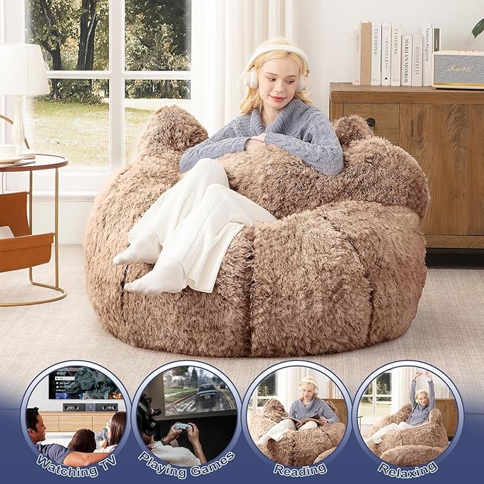 Bean Bag Chair for Adults Teens Giant Faux Fur Bean Bag Chairs with Filler Fluffy Plush Cat Shaped Beanbag Couch Comfy Accent Floor Sofa for Gaming, Reading in Living Room, Bedroom, Dorm