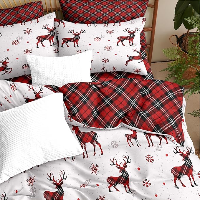 Christmas Duvet Cover King Size Red Gingham Christmas Deer Bedding Set Kids Boys Girls Grid Checked Xmas Snowflake Elk Comforter Cover 3 Pieces with Zipper Closure (No Comforter)