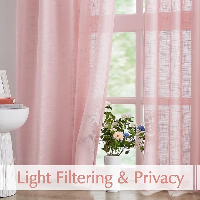 FMFUNCTEX Linen Semi Sheer Curtains for Bedroom, Blush Pink Curtains 84 Inches Long for Living Room, Country Farmhouse Sheer Drapes, Light Filtering Window Curtain, Grommet Top 2 Panels