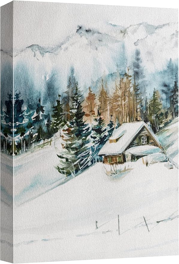 SIGNWIN Canvas Print Wall Art Woodland Nursery Decor Log Cabin Winter Snow Mountain Forest Nature Illustrations Modern Art Decorative Landscape Colorful for Living Room, Bedroom, Office - 16"x24"
