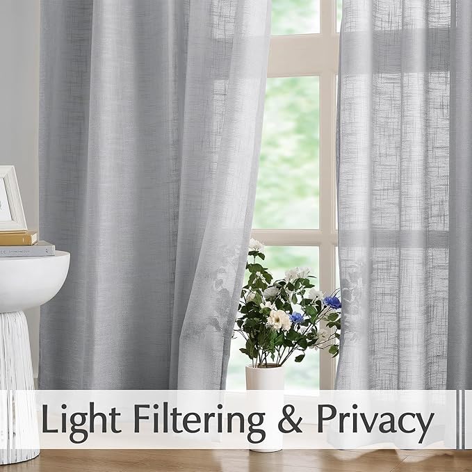 FMFUNCTEX Linen Semi Sheer Curtains for Living Room Soft Grey 108 Inches Extra Long Solid Linen Textured Sheer Drapes for Bedroom, Light Filtring Window Gray Drapes Farmhouse 2 Panels Rod Pocket