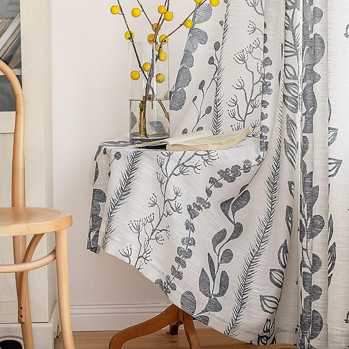 MEETSKY Living Room Curtains 90 Inches Long Boho Linen Style Back Tab Curtains for Bedroom Light Filtering Bohemian Rod Pocket Leaf Print Classical Door Drapes 2 Panels