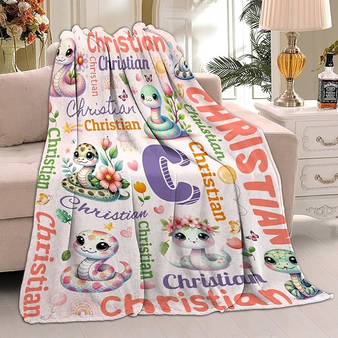 Personalized Custom Snake Blanket Gifts for Kids Boys Girls with Name - Customized Snake Super Soft Lightweight Flannel Sheets Decor for Crib Nap Couch - 50"x60" for Teens