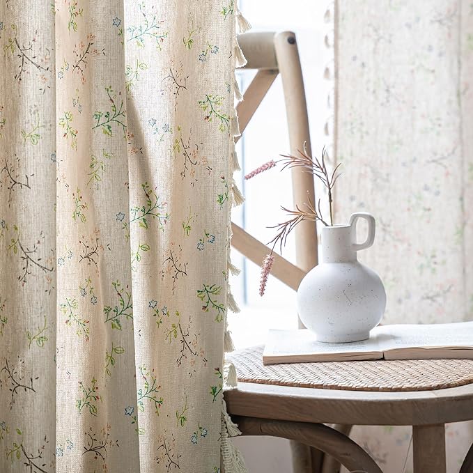 Floral Farmhouse Curtains Closet Semi-Blackout Living Room Drapes 63 Inch Length Cotton Linen Blend Short Bohemian Window Curtain Panels with Tassel Beige Rod Pocket Bedroom Drapes, 1 Panel