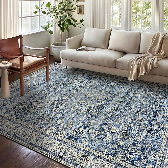 Blue Area Rug for Living Room 8x10 Washable Vintage Farmhouse Big Large Boho Distressed Carpet Rugs for Bedroom,Light Blue and Cream Polyester Rayon Cotton Blend
