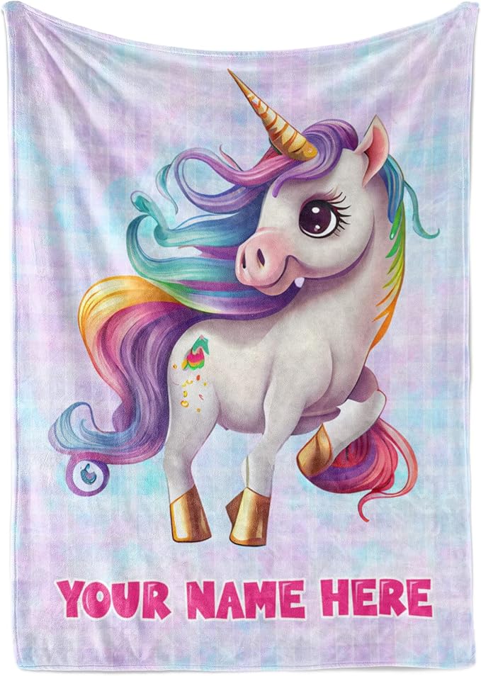 Personalized Baby Unicorn Throw Blanket for Girls with Custom Name, Prancing Pony with Rainbow Mane and Tail, Cute Nursery Room Decor, Soft Plush Toddler Bedding for Babies, (Fleece 50x60)