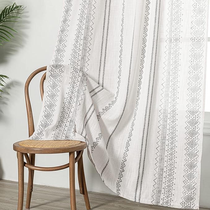 MEETSKY Boho Curtains 84 Inches Long Curtains for Living Room Bohemian Geometric Printed Cotton Curtain Light Filtering Linen Style Rod Pocket Window Back Tab Drape for Dining Room 2 Panels