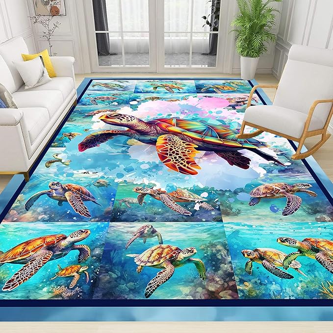 Turtle Area Carpet, 3x4ft, Colorful Ocean Themed Sea Turtle Floor Rugs, Blue Underwater Painting Rugs for Home Decoration, Fade Resistant Soft Foldable Mats for Dorm Family Entrance
