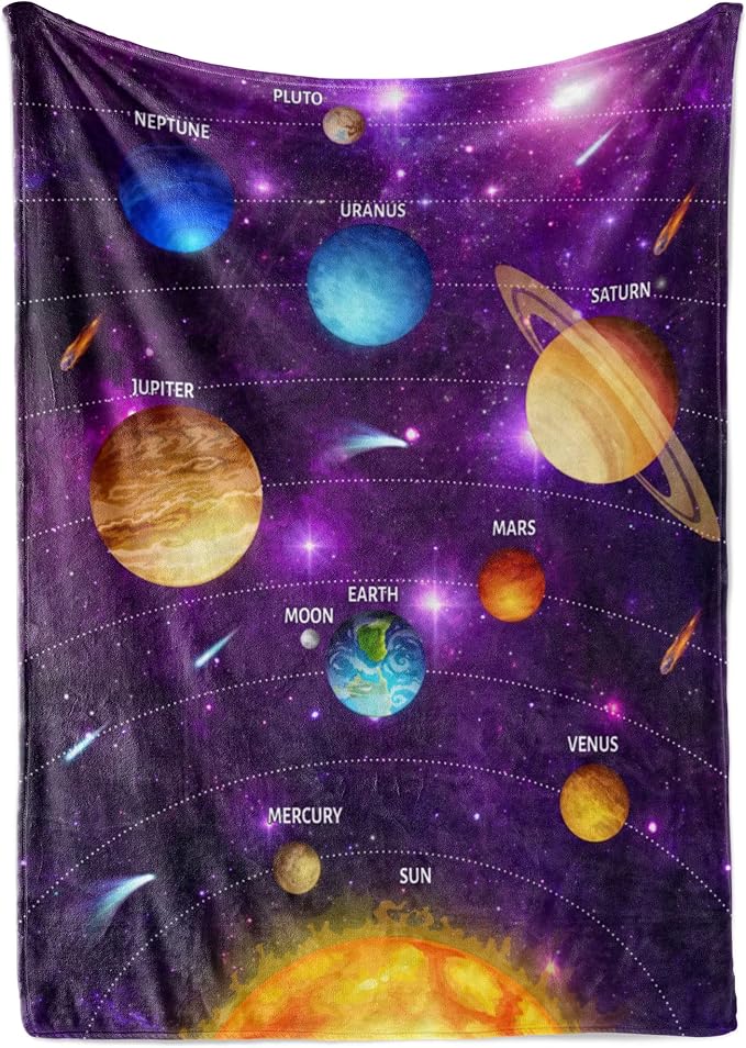 Outer Space Blanket for Kids with Colorful Planetary Solar System, Cute Space-Age Throw for Boys and Girls, Soft and Plush, Early Learning and Educational Fun (Fleece - 30x40)