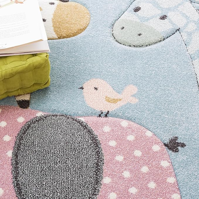 SAFAVIEH Carousel Kids Collection Area Rug - 6'7" Round, Blue, Animal Design, Easy Care & Non-Shedding, Ideal for High Traffic Areas for Boys & Girls in Playroom, Nursery (CRK120K-7R)