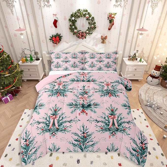Feelyou Merry Christmas Kids Comforter Set Queen Size Green Xmas Tree Bedding Set Pink Bow Duvet Quilt for Kids Boys Girls Bedroom Decor Microfiber Ultra Soft Breathable