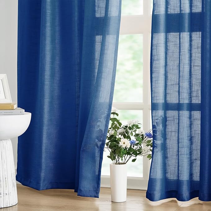 FMFUNCTEX Linen Semi Sheer Navy Blue Curtains for Bedroom Living Room, Blue Curtain Panels 84 Inches Long Sheer Linen Textured Window Drapes Farmhouse Light Filtering 2 Panels Rod Pocket