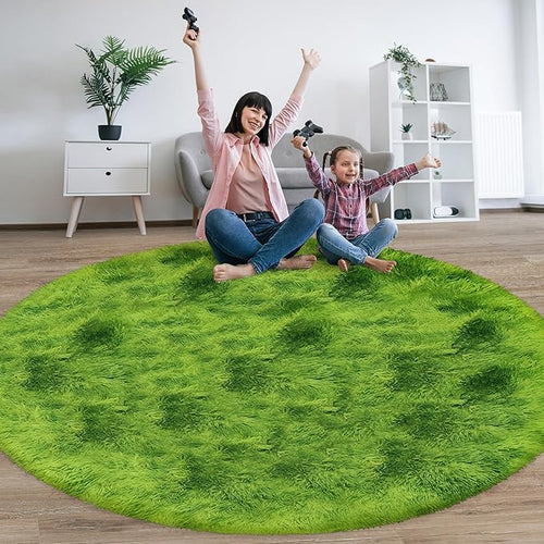 8 ft Large Fluffy Round Green Grass Area Rugs for Bedroom,Soft Shaggy Circular Rug Plush Fluffy Circle Carpet Fuzzy for Living Room Nursery Baby Toddler Room Playroom Dorm Home Decor Aesthetic