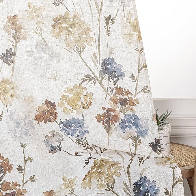 MYSKY HOME Floral Linen Curtains 45 inch Length 2 Panels Set Fall Patterned Semi Sheer Light Filtering Privacy Farmhouse Grommet Drapes, Yellow, 52" Wide, Pack-2