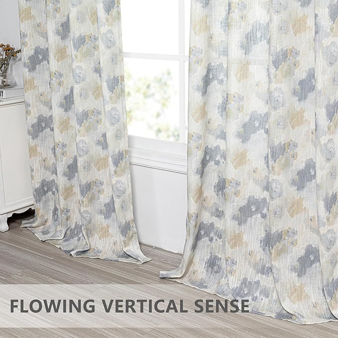 MYSKY HOME Floral Curtains 84 Inch Long for Girls Bedroom, Yellow Curtains for Living Room, Farmhouse Country Light Filtering Grommet Semi Sheer Natural Drapes Grey Colorful Design W52, 2 Panels