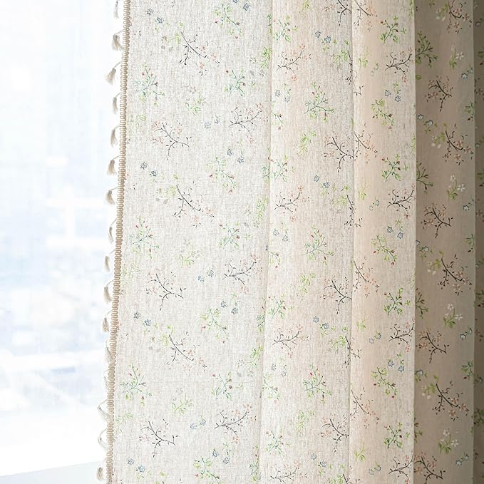 Floral Farmhouse Curtains Closet Semi-Blackout Living Room Drapes 63 Inch Length Cotton Linen Blend Short Bohemian Window Curtain Panels with Tassel Beige Rod Pocket Bedroom Drapes, 1 Panel