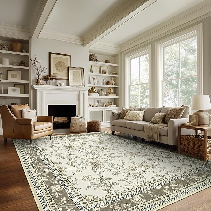 Farmhouse Beige Floral 8x10 Area Rugs for Living Room, Cream Tan Taupe Sketch Pattern Bedroom Rug Boho Low Pile Dining Room Washable Carpet 8x10, Vintage Soft Indoor Non-Slip Floor Covering Nursery