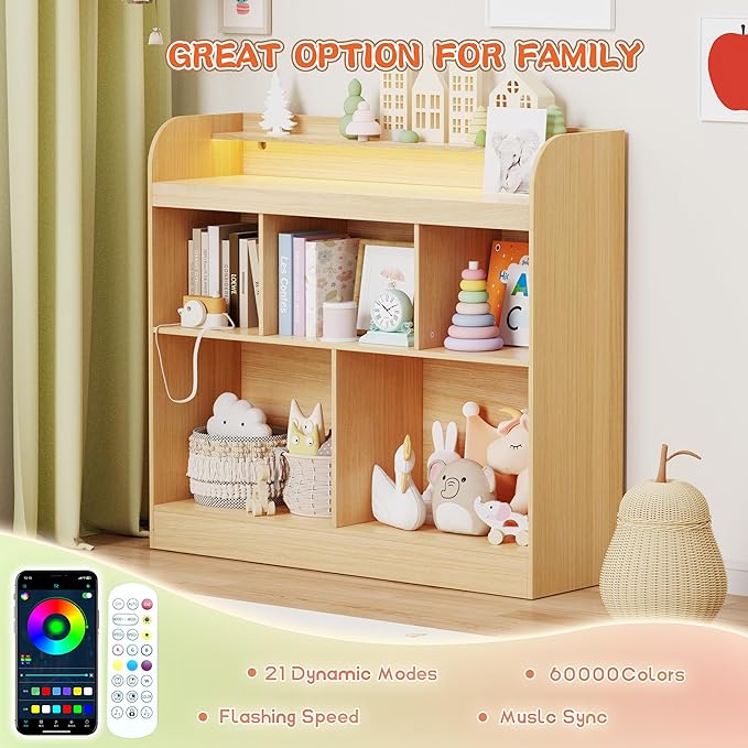 Lkeiyay Open Shelf Kids Bookcase，Montessori Toy Organizer with LED Lights - Oak Wooden Open Bookcase for Kids, Bedroom, Back to School，Playrooms & Nurseries