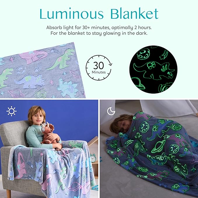 Joiedomi Glow in The Dark Blanket Dinosaur Toys for Kids 3-5 Dinosaur Gifts Toys for Age 2 3 4 5 6 7 8 9 10 11 12 Year Old, Soft Cozy Flannel Kids Throw Blanket, Birthday 50"×60"