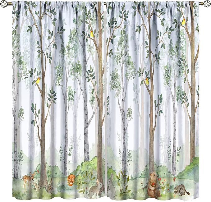 Kids Animal Curtains, Watercolor Natural Forest Animal Hedgehog Fox Butterfly Rabbits Forest Print Curtain Boys and Girl Bedrooms 84x84in