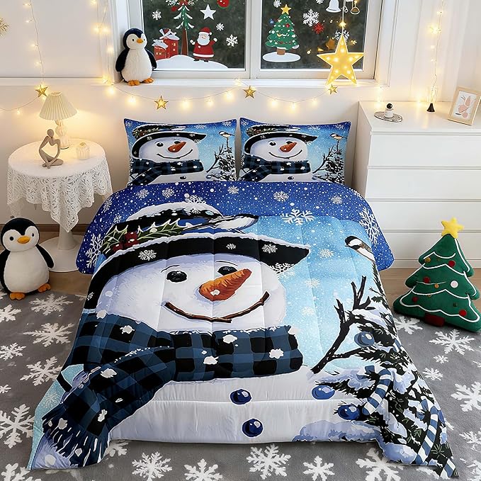 Feelyou Kids Christmas Theme Decorations Bedding Set Xmas Snowman Comforter Set for Boys Girls Snowflake Kawaii Cute Gradient Blue Bedroom Collection Full Size
