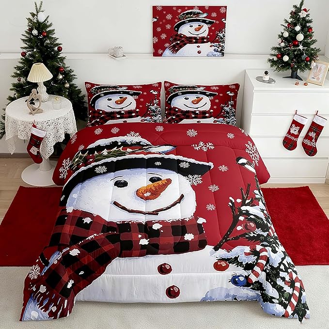 Feelyou Kids Christmas Theme Decorations Bedding Set Xmas Snowman Comforter Set for Boys Girls Red Bedroom Collection Queen Size