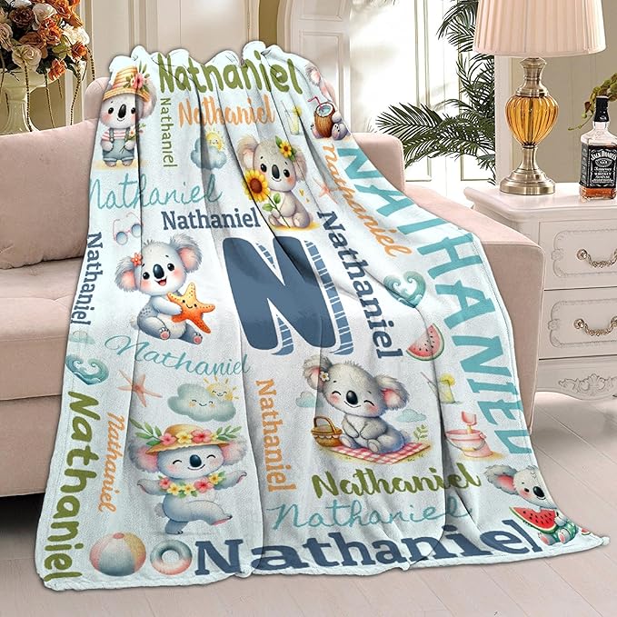 Personalized Custom Koala Blanket Gifts for Kids Boys Girls with Name - Customized Koala Super Soft Lightweight Flannel Sheets Decor for Crib Nap Couch - 50"x60" for Teens
