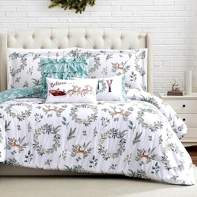 Southshore Fine Living, Inc. 5-Piece Oversized Christmas Comforter Set Twin XL, Reversible Twin Christmas Bedding, Holiday Bedding, Winter Comforter, 2 Shams, 2 Throw Pillows - Happy Holidays