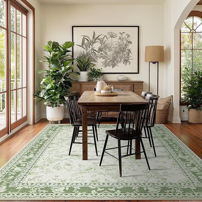 Sage Green Area Rugs 10x12 for Living Room Boho Washable Extra Large Floral Floor Covering, Cream Beige Green Rugs Bedroom Dining Room, Non Slip Farmhouse Floor Carpet for Kids Playroom Nursery