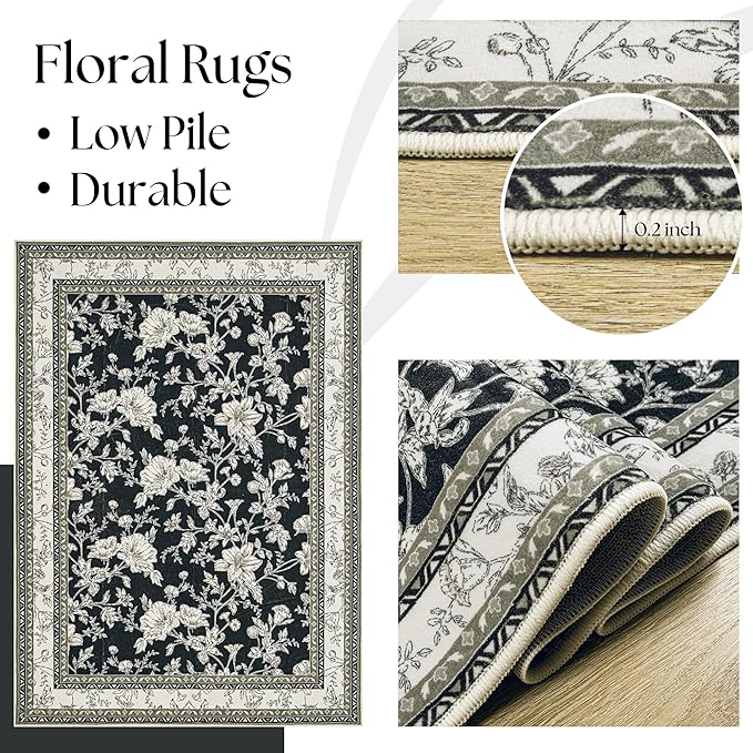 Floral Boho Rug 4x6 Washable Non Slip Area Rug Bohemian Carpet Door Mat Black Beige Taupe Floral Distressed Modern Farmhouse Sketch Style Flower for Bedroom Foldable 4x6 for Entryway Living Room