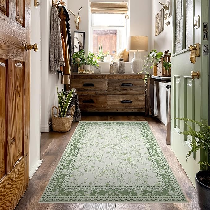 Small Green Rugs 2x3 Sage Green Kitchen for Entryway, Soft Washable Floral Sketch Printed Non-Slip Kitchen Mat, Low-Pile Indoor Bathroom Farmhouse Carpet for Entrance Cottage Boho Farmhouse