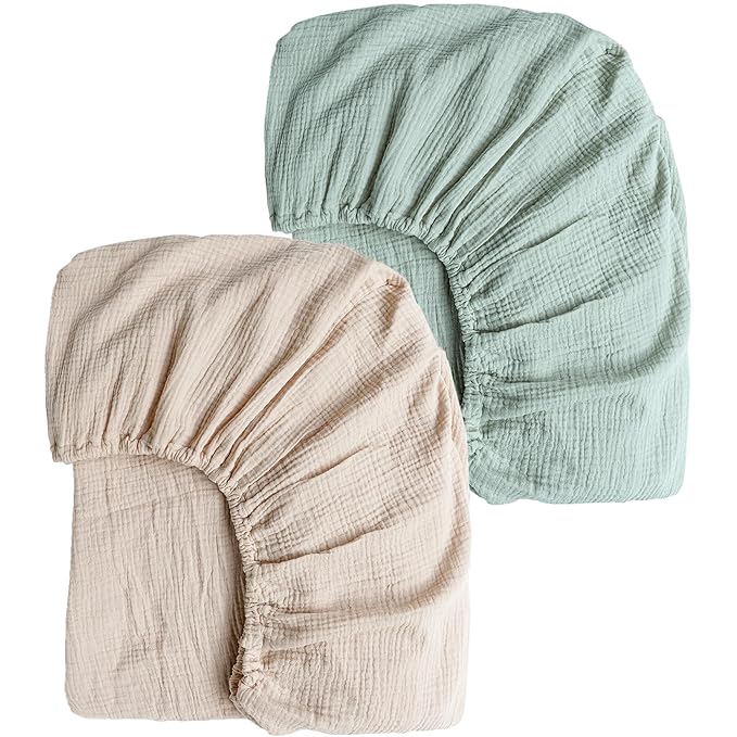 Konssy Muslin Crib Sheets for Girl Boy, 2 PCS Soft and Breathable Cotton Baby Sheets for Standard Crib Mattress, 52"x 28" (Green, Cream)
