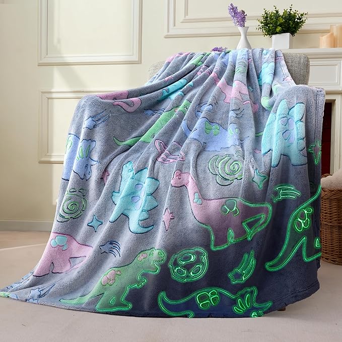 Joiedomi Glow in The Dark Blanket Dinosaur Toys for Kids 3-5 Dinosaur Gifts Toys for Age 2 3 4 5 6 7 8 9 10 11 12 Year Old, Soft Cozy Flannel Kids Throw Blanket, Birthday 50"×60"