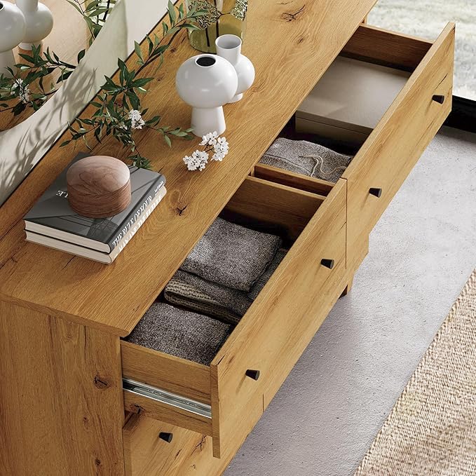 WAMPAT Dresser with 6 Drawers for Bedroom, Wooden Kids Dressers with Wide Chest of Drawers, Modern Closet Storage Organizer Furniture with Solid Wood Legs for Living Room, Hallway, Nursery, Oak Brown