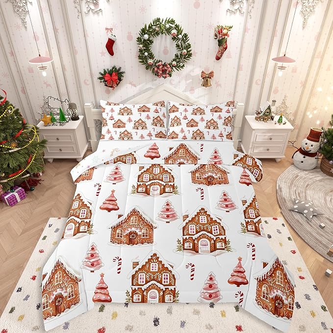 Feelyou Merry Christmas Comforter Set King Size Gingerbread House Bedding Set for Kids Boys Girls Xmas Tree Duvet Quilt Candy Cane Bedroom Decor Microfiber 3 Pcs with 2 Pillow Cases