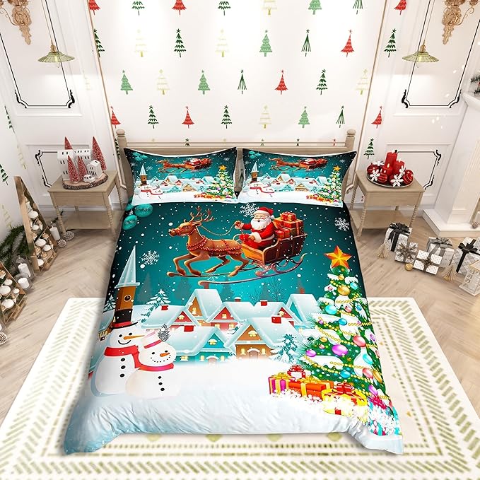 Manfei Christmas Duvet Cover Set King Size, Xmas Tree Snowman Bedding Set for Kids Boys Girls, Santa Claus with Reindeer Comforter Cover New Year Theme Quilt Cover with 2 Pillowcases, No Comforter