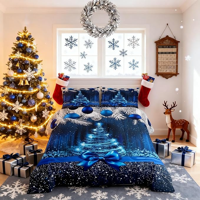 Merry Christmas Kids Comforter Set Full Size,Snowflake Christmas Tree Bowknot Bedding Set,Girls Boys Adults Xmas Decor,Blue Gradient Line Glitter Down Comforter,Romantic Duvet Insert,2 Pillowcases