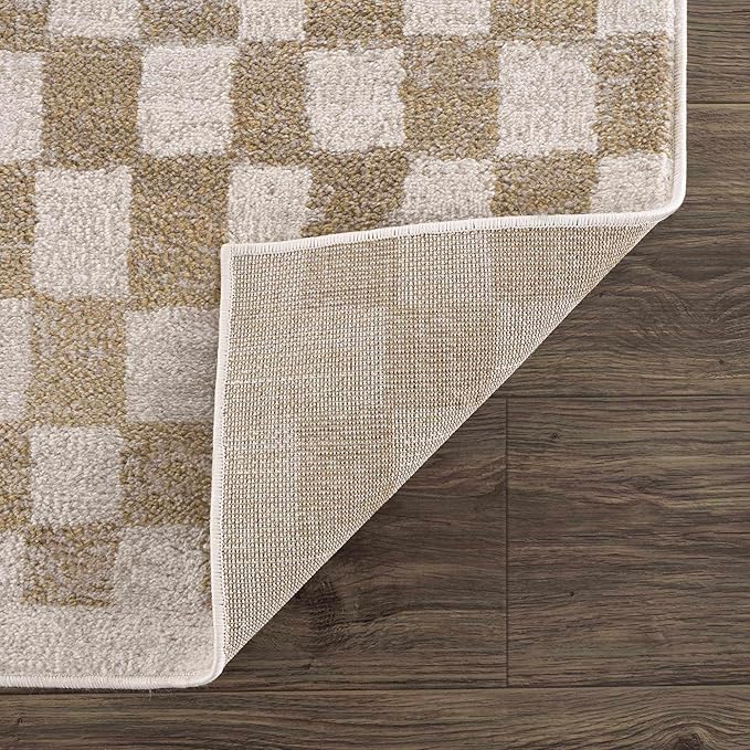 Hauteloom Pertek Modern Checkered Runner Rug - Modern Geometric Carpet for Hallway, Kids Room, Nursery - Bohemian Boho Carpet - Cream, Gold - 2'7" x 10'