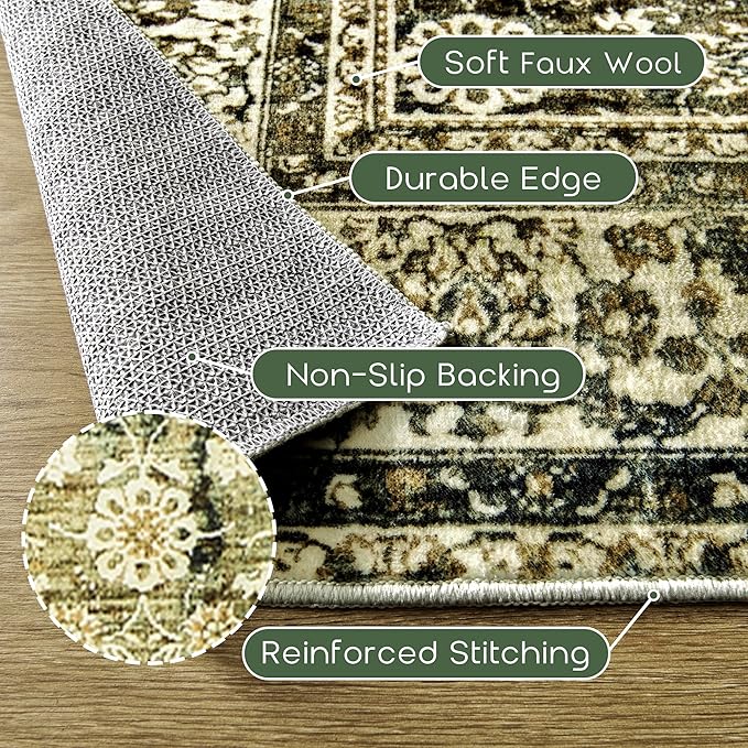 Boho Washable Runner Rug for Kitchen,Non Slip Rubber Backing Non Skid Oriental Floral Vintage Long Carpet Runners for Hallway Entryway Indoor Doormat Bedroom,2x6 6ft,Moss Olive Green Beige