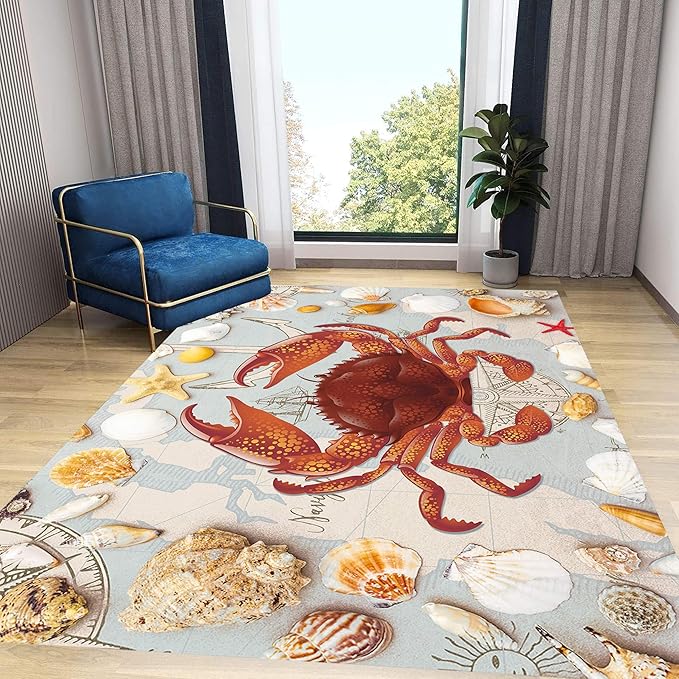 Nautical Theme Area Carpets, 5x6ft, Ocean Crab Shell Floor Rugs, Vintage Compass Anchor Printed Carpets, Machine Washable Foldable Easy-Clean Mats for Dining Room Runners