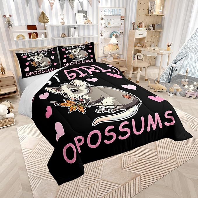 Girl Pink Love Heart Pattern 3 Pcs Comforter/Duvet Set,Cute Cartoon Animal Theme Ultra Soft Bed Collection,Opossum Bedding for Room Decor 3 Pcs,Microfiber Breathable,King