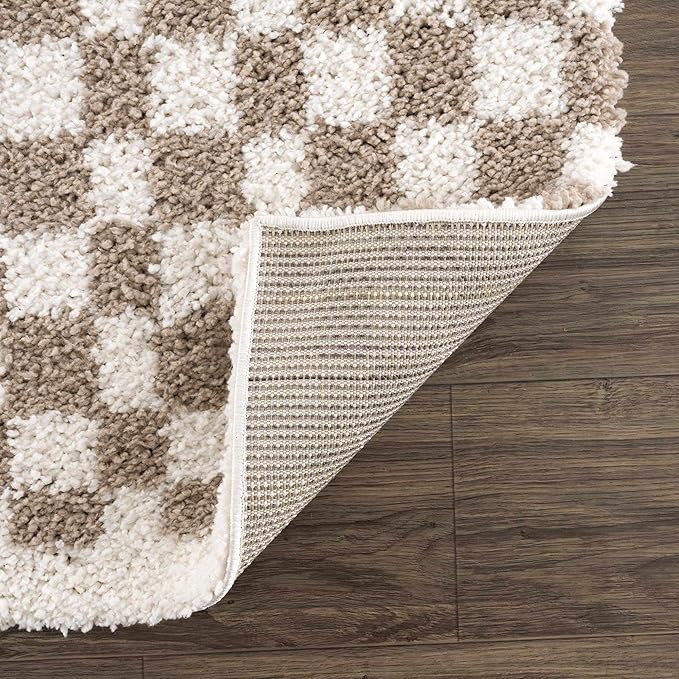 Hauteloom Kieu Contemporary Checkered Fluffy Shag Area Rug - Modern Geometric Soft Carpet Tiles for Living Room, Kids Room, Nursery - Gray, Taupe, White - 5'3" x 7'